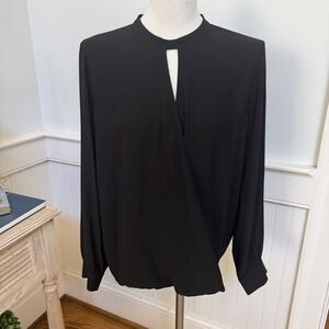 Eileen Fisher Womens Black 100% Silk Wrap Front Keyhole Blouse Medium